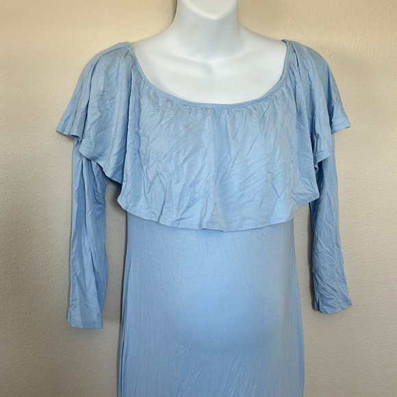 PinkBlush Light Blue Off Shoulder Ruffle Maternity Photoshoot Maxi Dress - Picture 8 of 14